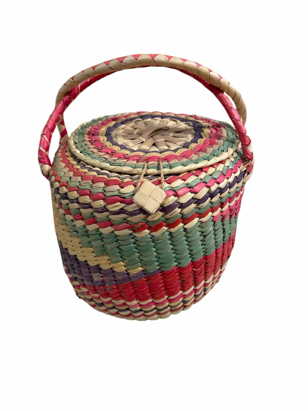 Vintage Colorful Woven Basket Purse Lidded Boho Folk Art Handbag